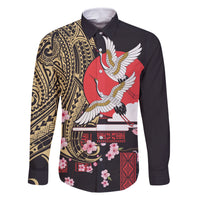 Japanese Culture and Hawaiian Tribal Family Matching Tank Maxi Dress and Hawaiian Shirt Sakura Blossom Tapa Pattern LT03 Dad's Shirt - Long Sleeve Black - Polynesian Pride