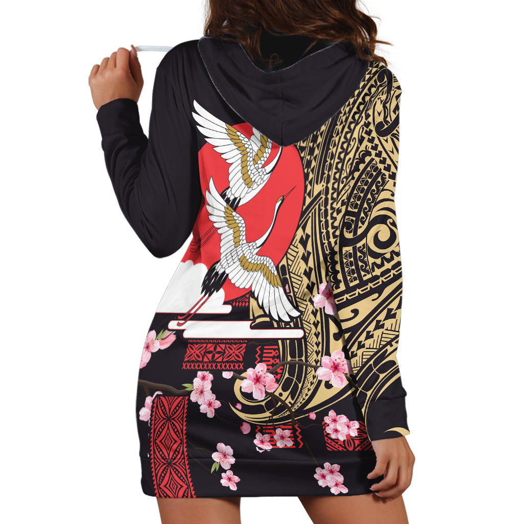 Japanese Culture and Hawaiian Tribal Hoodie Dress Sakura Blossom Tapa Pattern LT03 - Polynesian Pride