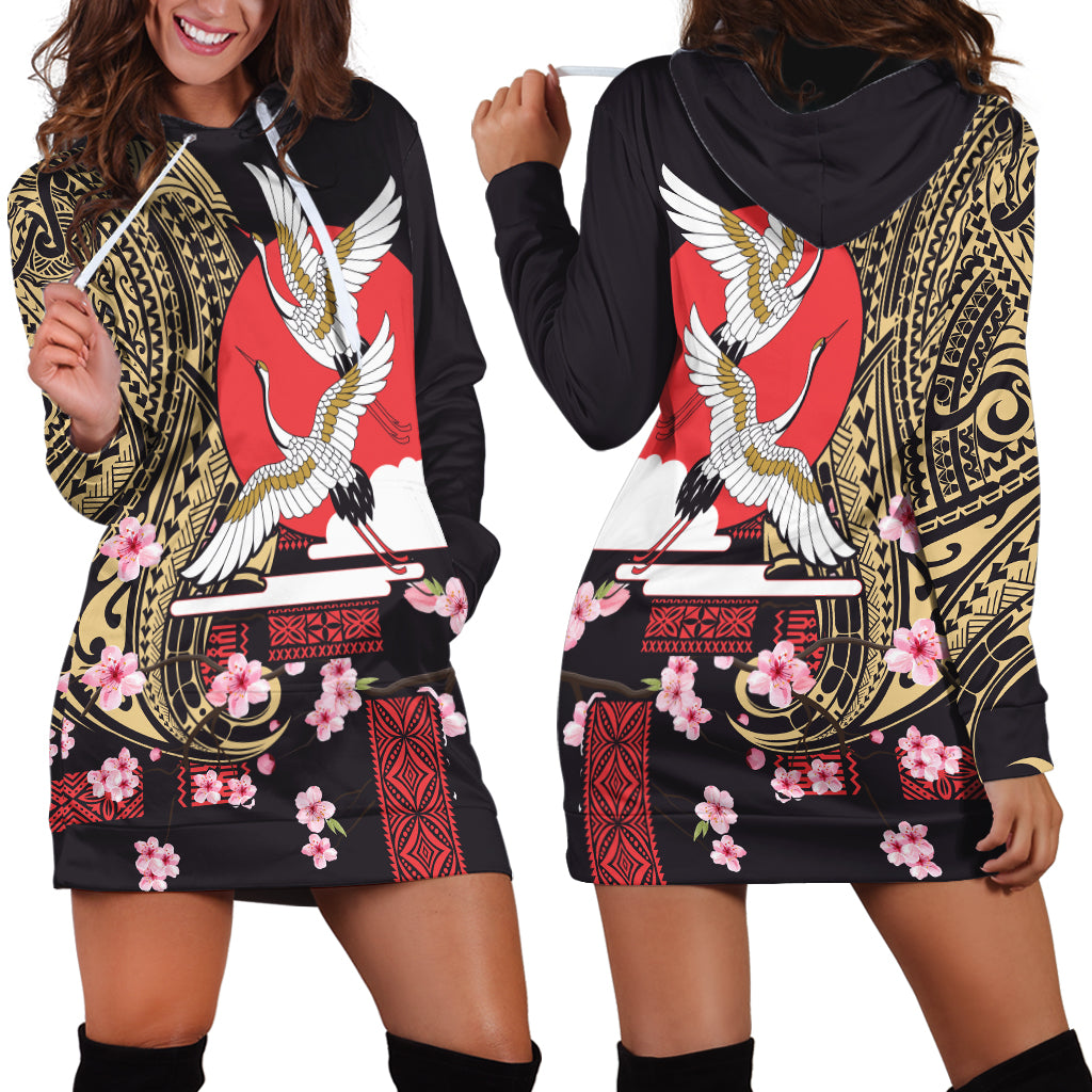 Japanese Culture and Hawaiian Tribal Hoodie Dress Sakura Blossom Tapa Pattern LT03 - Polynesian Pride