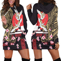 Japanese Culture and Hawaiian Tribal Hoodie Dress Sakura Blossom Tapa Pattern LT03 - Polynesian Pride
