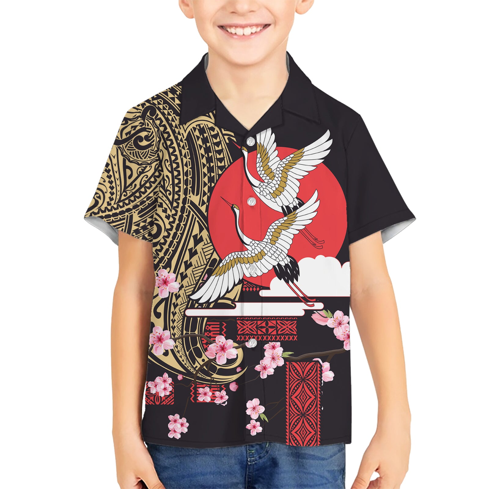 Japanese Culture and Hawaiian Tribal Kid Hawaiian Shirt Sakura Blossom Tapa Pattern LT03 Kid Black - Polynesian Pride