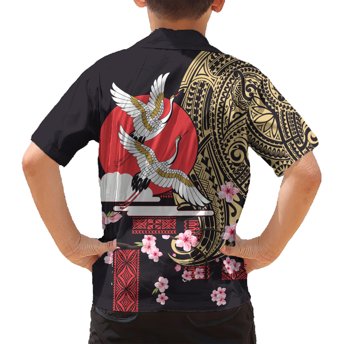 Japanese Culture and Hawaiian Tribal Kid Hawaiian Shirt Sakura Blossom Tapa Pattern