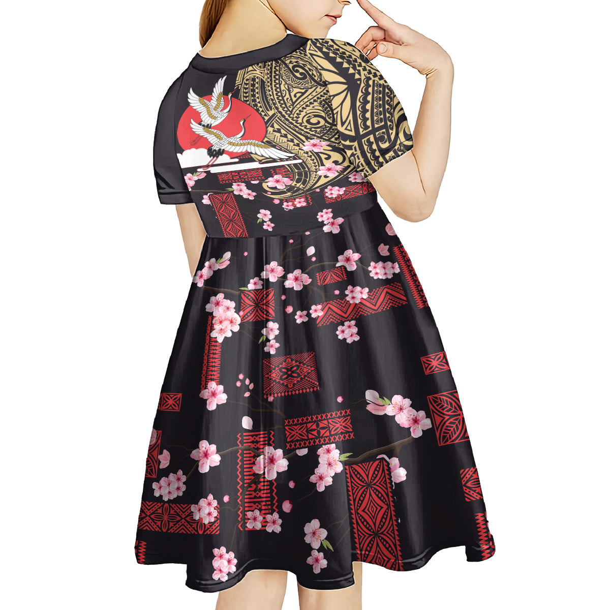 Japanese Culture and Hawaiian Tribal Kid Short Sleeve Dress Sakura Blossom Tapa Pattern LT03 - Polynesian Pride