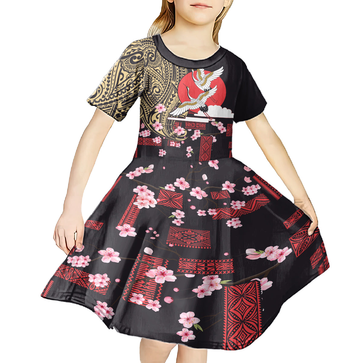 Japanese Culture and Hawaiian Tribal Kid Short Sleeve Dress Sakura Blossom Tapa Pattern LT03 - Polynesian Pride