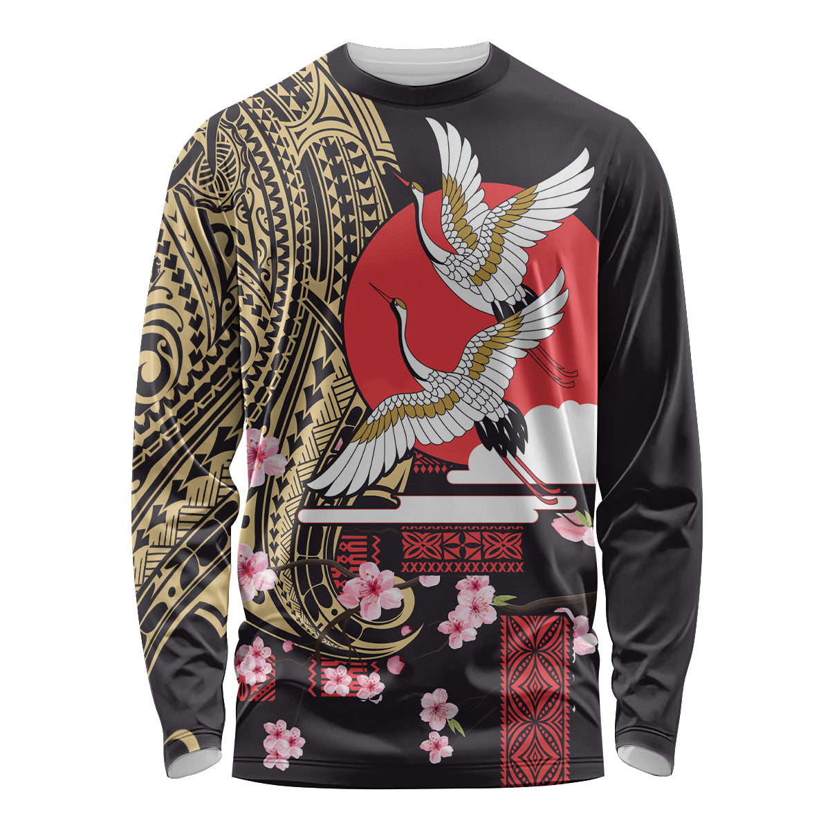 Japanese Culture and Hawaiian Tribal Long Sleeve Shirt Sakura Blossom Tapa Pattern LT03 Unisex Black - Polynesian Pride