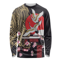 Japanese Culture and Hawaiian Tribal Long Sleeve Shirt Sakura Blossom Tapa Pattern LT03 Unisex Black - Polynesian Pride