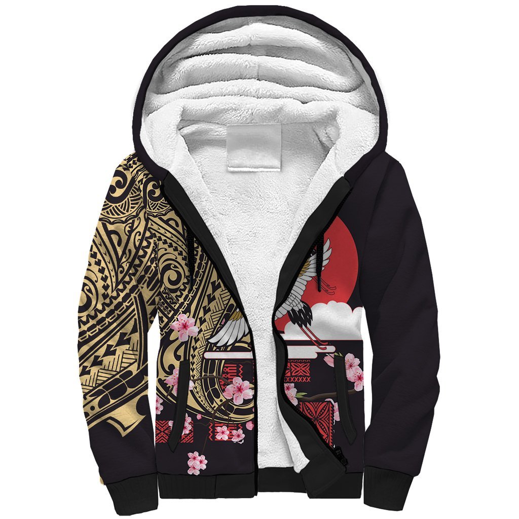 Japanese Culture and Hawaiian Tribal Sherpa Hoodie Sakura Blossom Tapa Pattern LT03 Unisex Black - Polynesian Pride