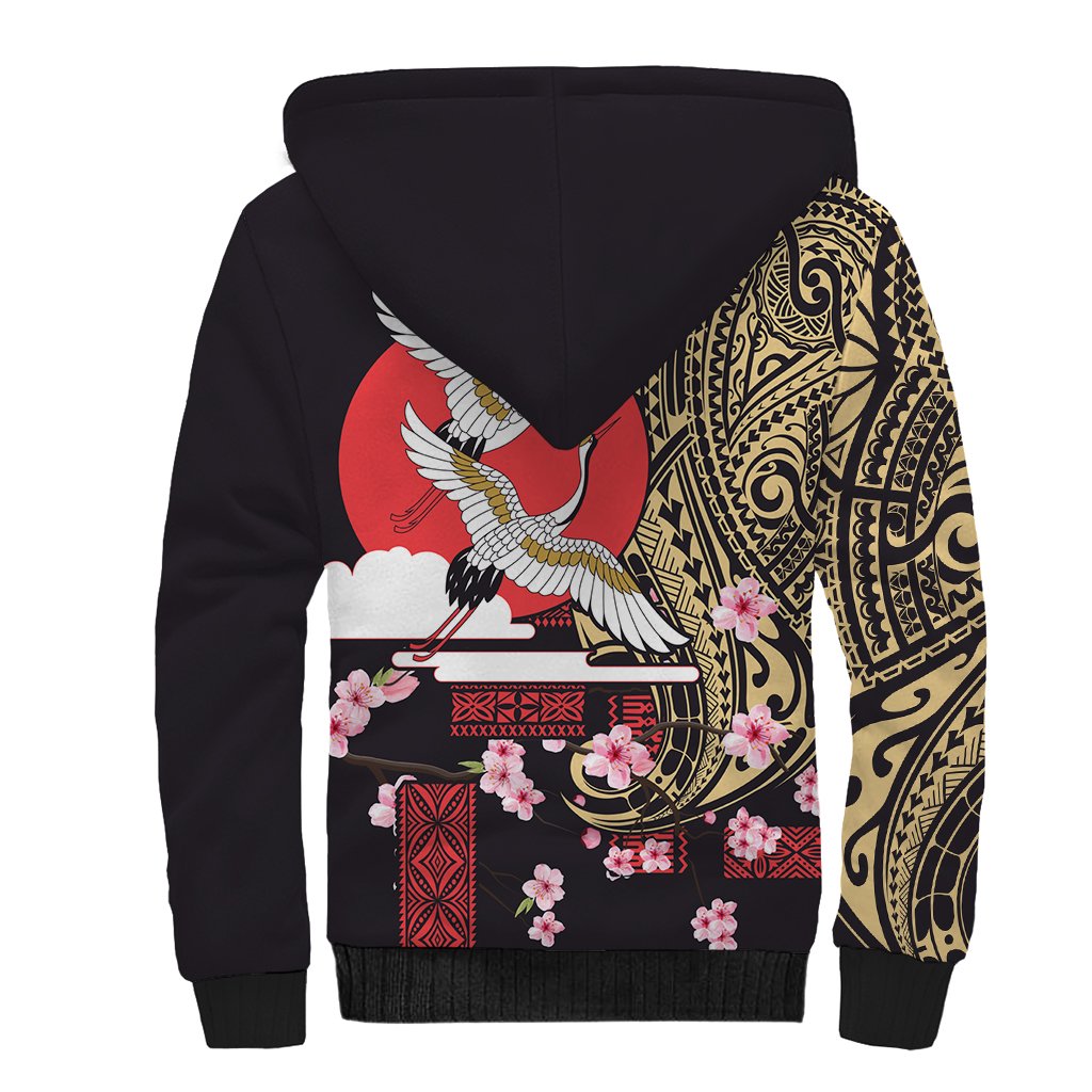 Japanese Culture and Hawaiian Tribal Sherpa Hoodie Sakura Blossom Tapa Pattern LT03 - Polynesian Pride