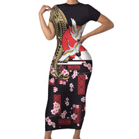 Japanese Culture and Hawaiian Tribal Short Sleeve Bodycon Dress Sakura Blossom Tapa Pattern LT03 Long Dress Black - Polynesian Pride
