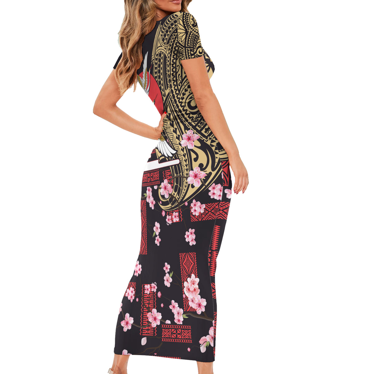 Japanese Culture and Hawaiian Tribal Short Sleeve Bodycon Dress Sakura Blossom Tapa Pattern LT03 - Polynesian Pride