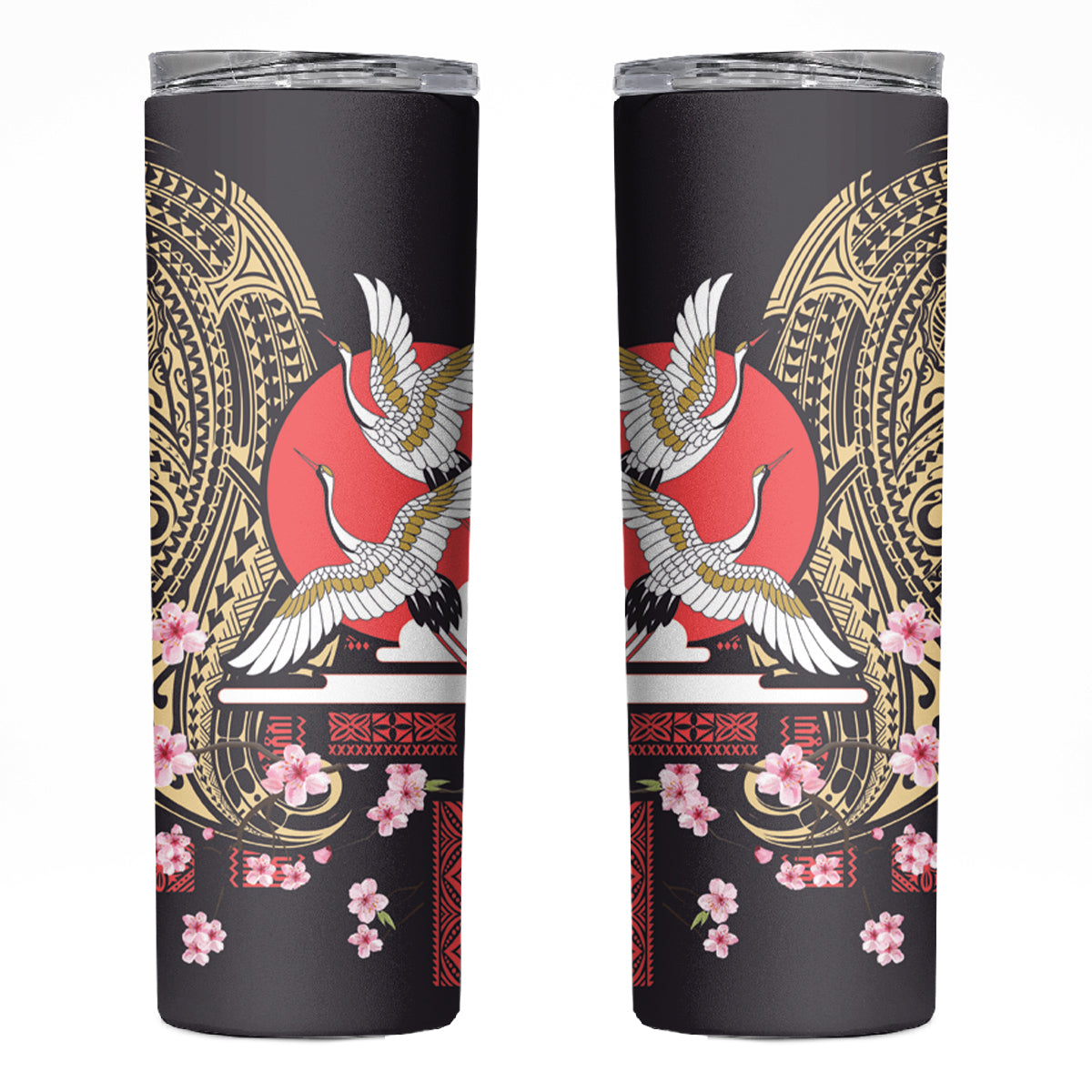 Japanese Culture and Hawaiian Tribal Skinny Tumbler Sakura Blossom Tapa Pattern LT03 Black - Polynesian Pride