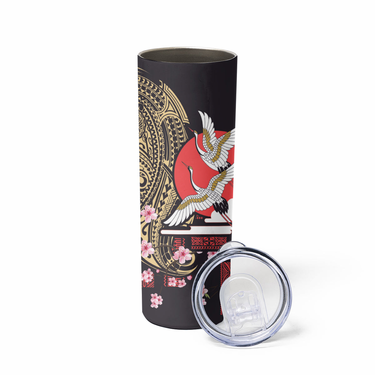 Japanese Culture and Hawaiian Tribal Skinny Tumbler Sakura Blossom Tapa Pattern LT03 - Polynesian Pride