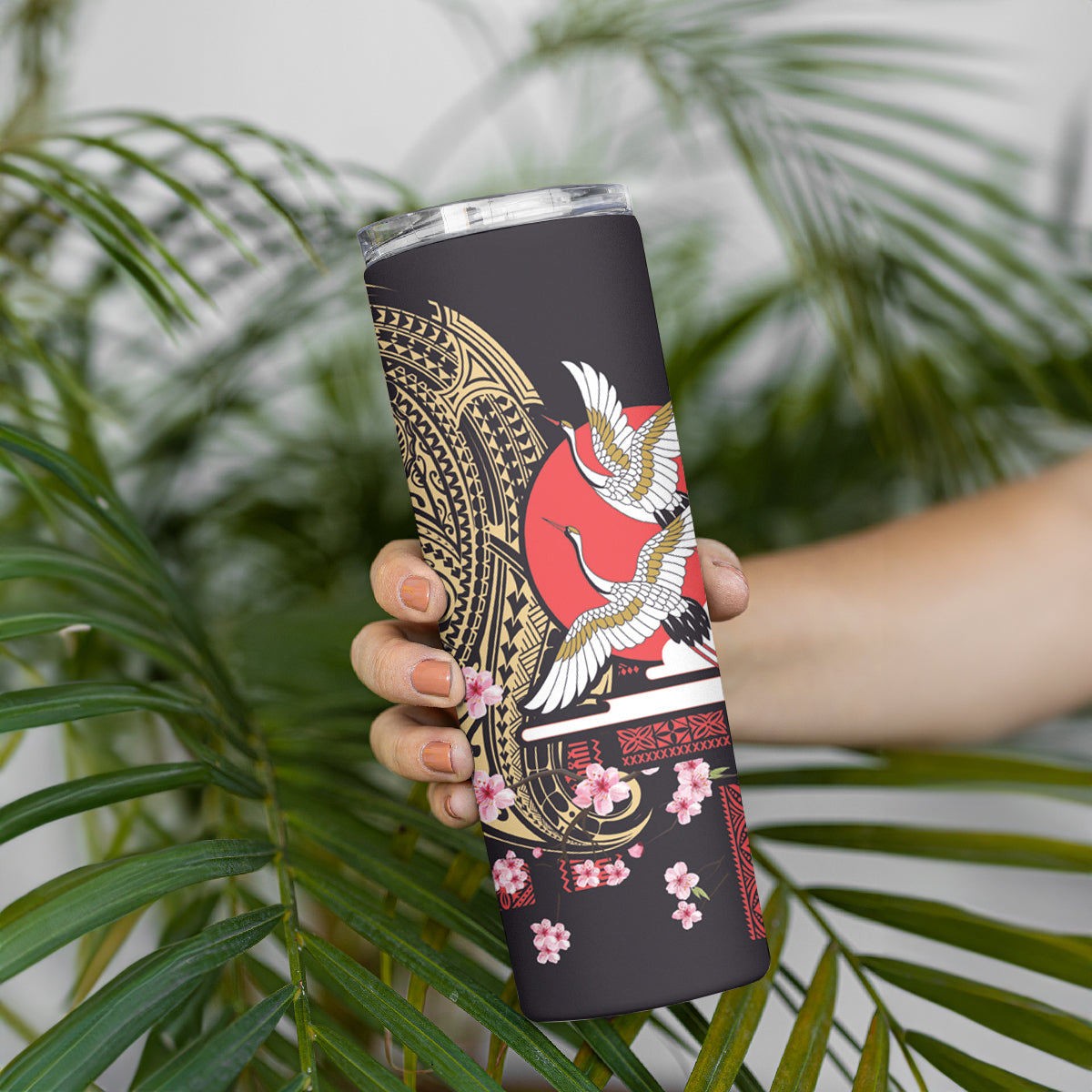 Japanese Culture and Hawaiian Tribal Skinny Tumbler Sakura Blossom Tapa Pattern LT03 - Polynesian Pride