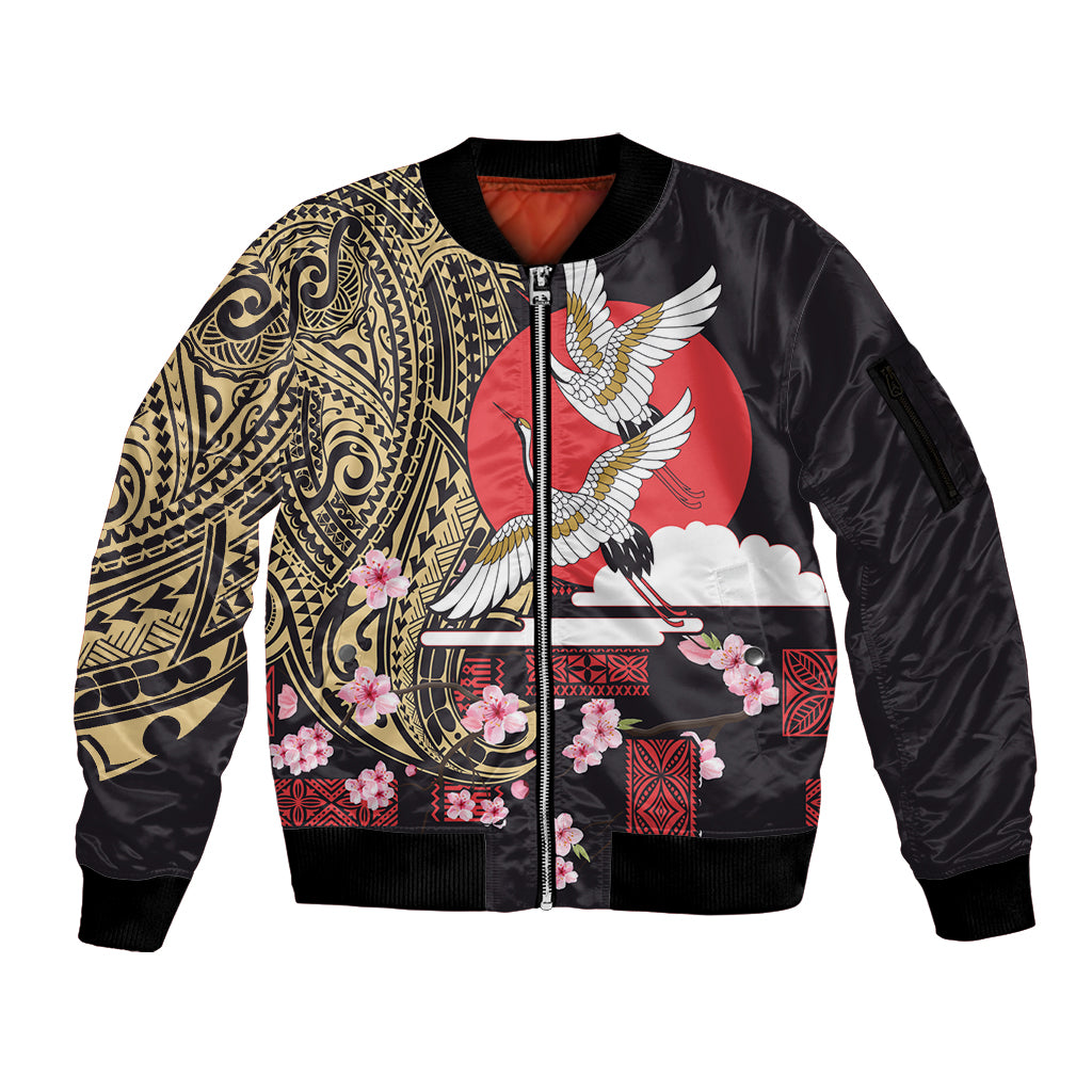 Japanese Culture and Hawaiian Tribal Sleeve Zip Bomber Jacket Sakura Blossom Tapa Pattern LT03 Unisex Black - Polynesian Pride