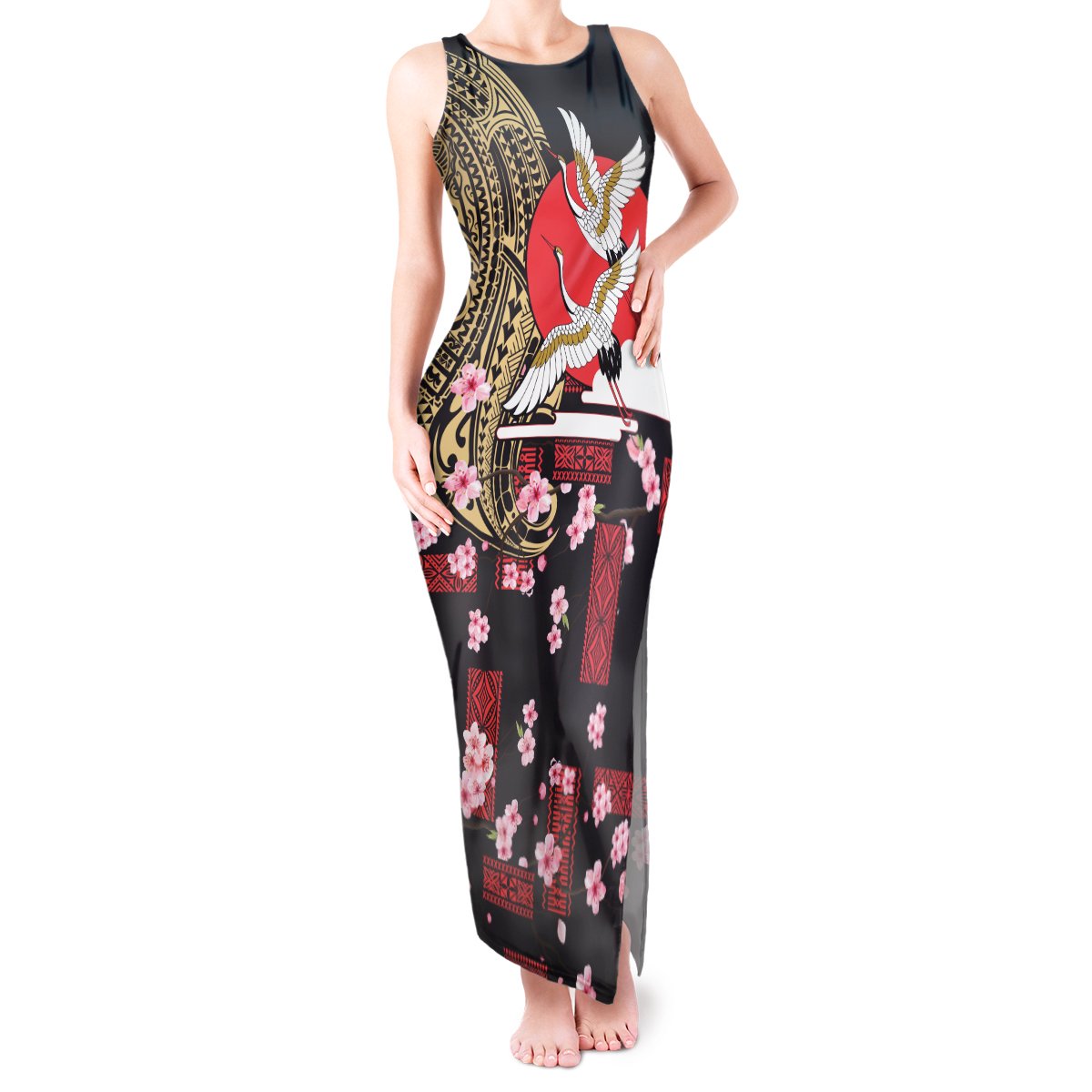 Japanese Culture and Hawaiian Tribal Tank Maxi Dress Sakura Blossom Tapa Pattern LT03 Women Black - Polynesian Pride
