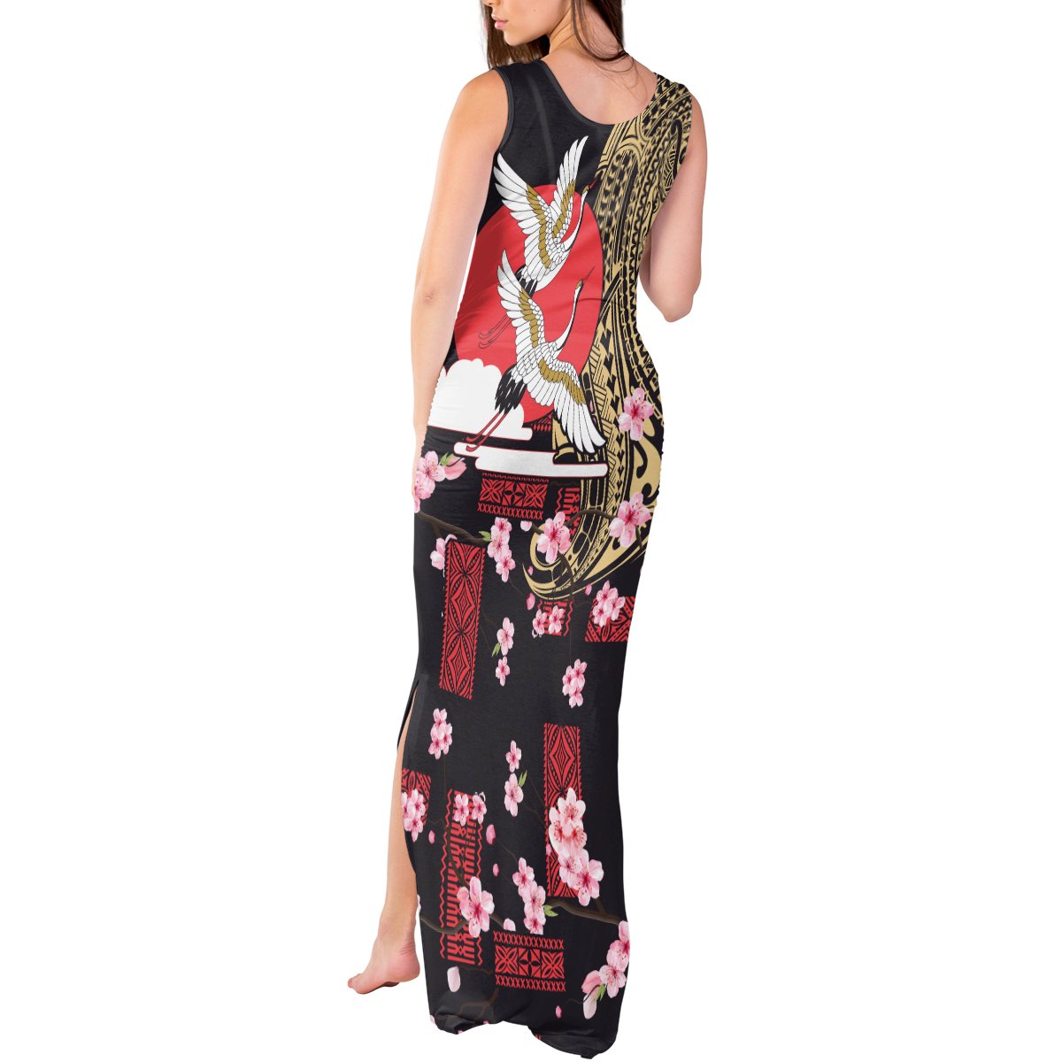 Japanese Culture and Hawaiian Tribal Tank Maxi Dress Sakura Blossom Tapa Pattern LT03 - Polynesian Pride