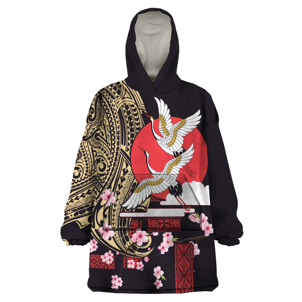 Japanese Culture and Hawaiian Tribal Wearable Blanket Hoodie Sakura Blossom Tapa Pattern LT03 One Size Black - Polynesian Pride