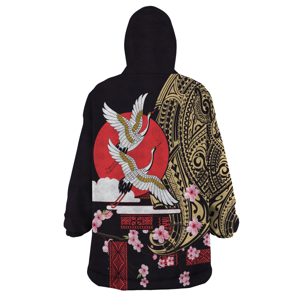 Japanese Culture and Hawaiian Tribal Wearable Blanket Hoodie Sakura Blossom Tapa Pattern LT03 - Polynesian Pride