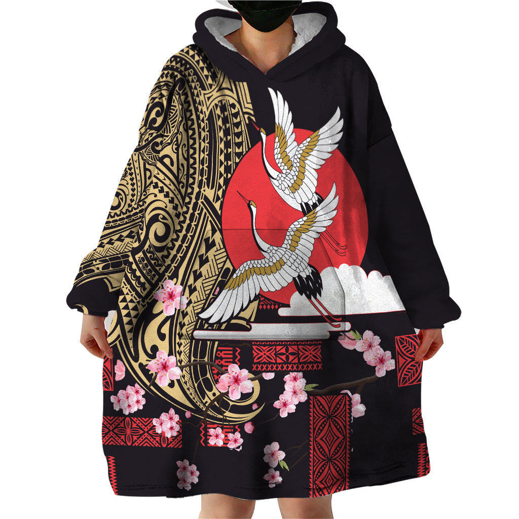 Japanese Culture and Hawaiian Tribal Wearable Blanket Hoodie Sakura Blossom Tapa Pattern LT03 - Polynesian Pride