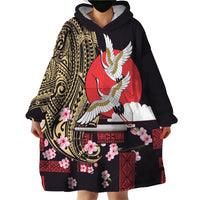 Japanese Culture and Hawaiian Tribal Wearable Blanket Hoodie Sakura Blossom Tapa Pattern LT03 - Polynesian Pride