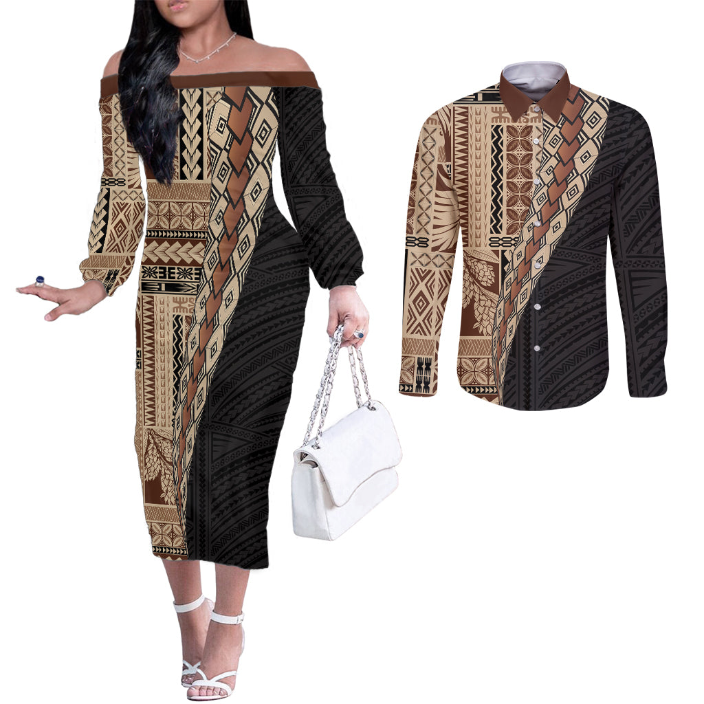 Samoa Siapo Motif Half Style Couples Matching Off The Shoulder Long Sleeve Dress and Long Sleeve Button Shirt Brown Version LT03 Brown - Polynesian Pride