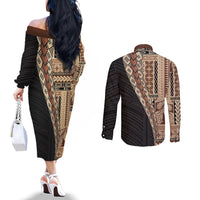 Samoa Siapo Motif Half Style Couples Matching Off The Shoulder Long Sleeve Dress and Long Sleeve Button Shirt Brown Version LT03 - Polynesian Pride