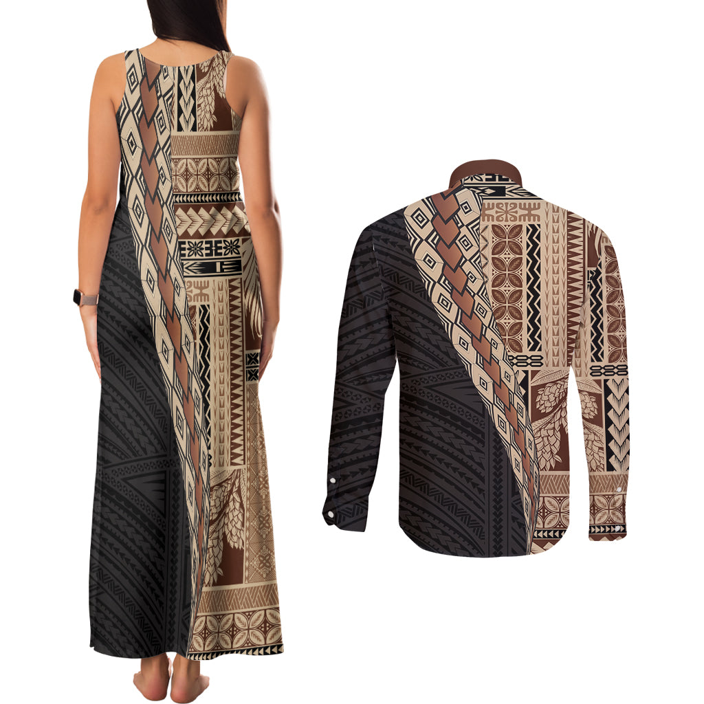 Samoa Siapo Motif Half Style Couples Matching Tank Maxi Dress and Long Sleeve Button Shirt Brown Version
