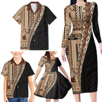 Samoa Siapo Motif Half Style Family Matching Long Sleeve Bodycon Dress and Hawaiian Shirt Brown Version LT03 - Polynesian Pride