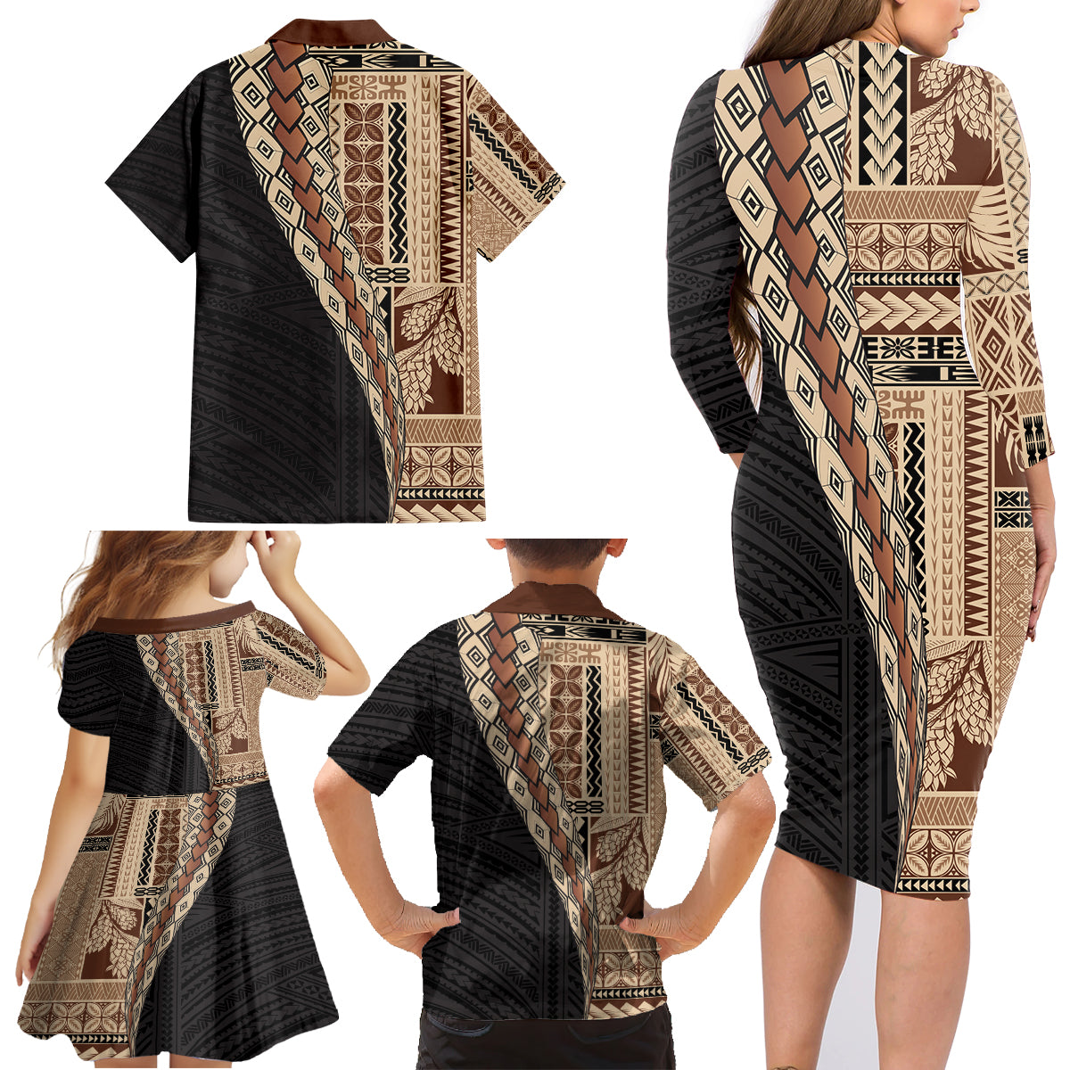 Samoa Siapo Motif Half Style Family Matching Long Sleeve Bodycon Dress and Hawaiian Shirt Brown Version LT03 - Polynesian Pride