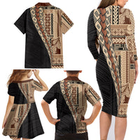 Samoa Siapo Motif Half Style Family Matching Long Sleeve Bodycon Dress and Hawaiian Shirt Brown Version LT03 - Polynesian Pride