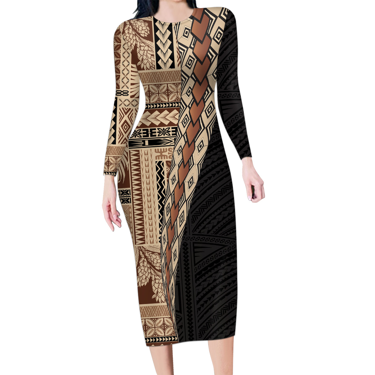 Samoa Siapo Motif Half Style Family Matching Long Sleeve Bodycon Dress and Hawaiian Shirt Brown Version LT03 Mom's Dress Brown - Polynesian Pride