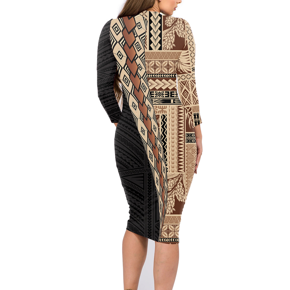 Samoa Siapo Motif Half Style Family Matching Long Sleeve Bodycon Dress and Hawaiian Shirt Brown Version LT03 - Polynesian Pride