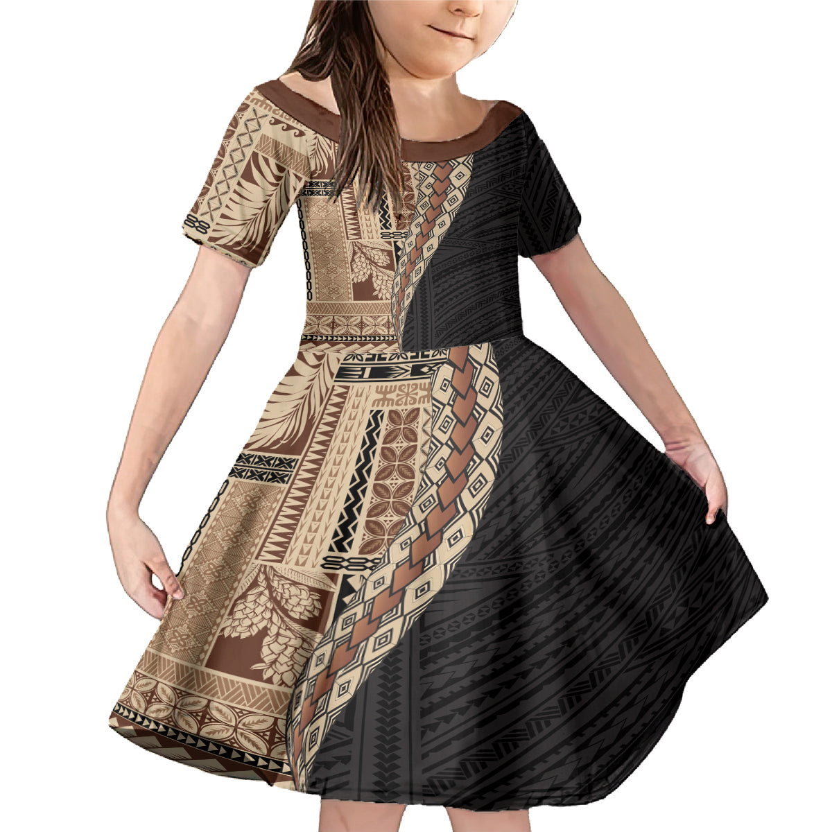 Samoa Siapo Motif Half Style Family Matching Mermaid Dress and Hawaiian Shirt Brown Version LT03 Daughter's Dress Brown - Polynesian Pride