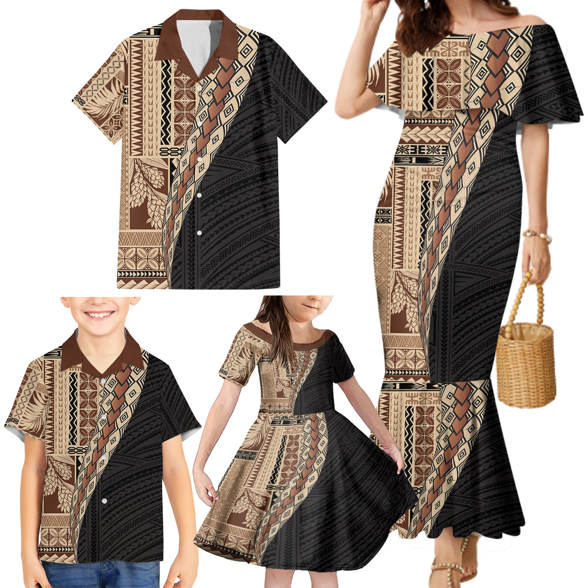 Samoa Siapo Motif Half Style Family Matching Mermaid Dress and Hawaiian Shirt Brown Version LT03 - Polynesian Pride