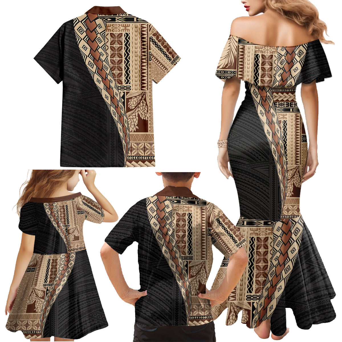 Samoa Siapo Motif Half Style Family Matching Mermaid Dress and Hawaiian Shirt Brown Version LT03 - Polynesian Pride