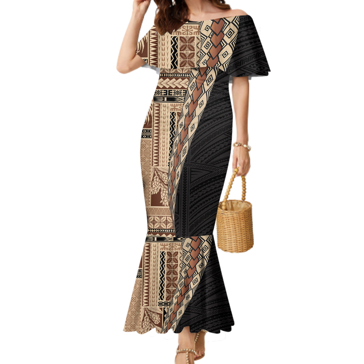 Samoa Siapo Motif Half Style Family Matching Mermaid Dress and Hawaiian Shirt Brown Version LT03 Mom's Dress Brown - Polynesian Pride