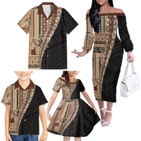 Samoa Siapo Motif Half Style Family Matching Off The Shoulder Long Sleeve Dress and Hawaiian Shirt Brown Version LT03 - Polynesian Pride