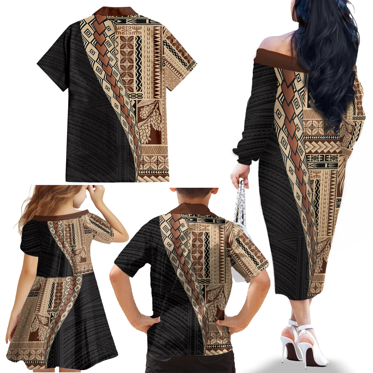 Samoa Siapo Motif Half Style Family Matching Off The Shoulder Long Sleeve Dress and Hawaiian Shirt Brown Version LT03 - Polynesian Pride