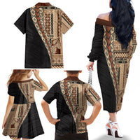 Samoa Siapo Motif Half Style Family Matching Off The Shoulder Long Sleeve Dress and Hawaiian Shirt Brown Version LT03 - Polynesian Pride