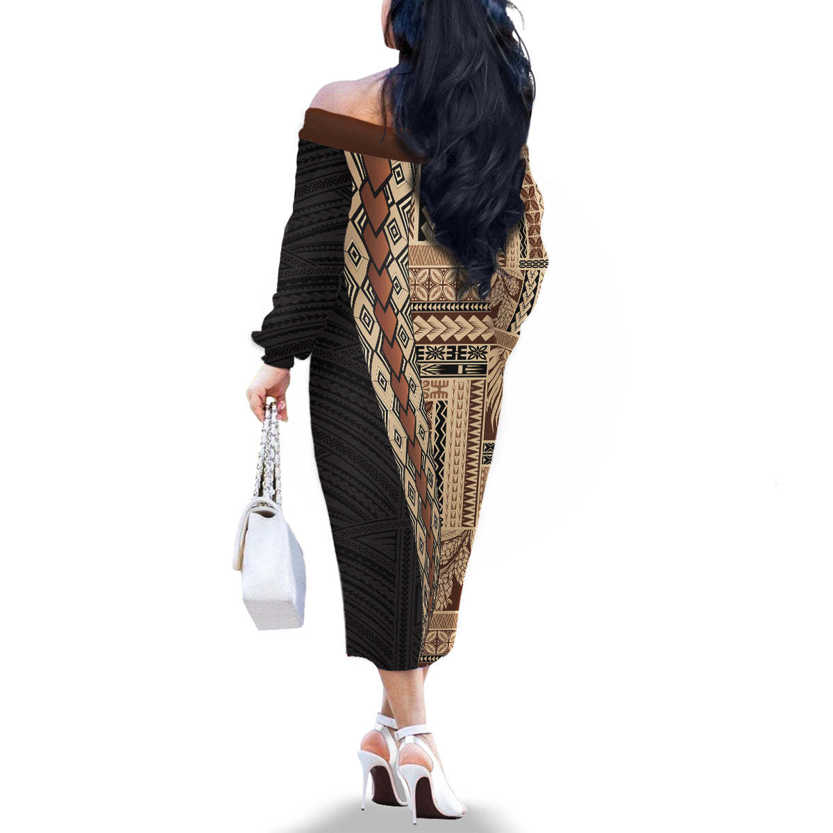 Samoa Siapo Motif Half Style Family Matching Off The Shoulder Long Sleeve Dress and Hawaiian Shirt Brown Version LT03 - Polynesian Pride
