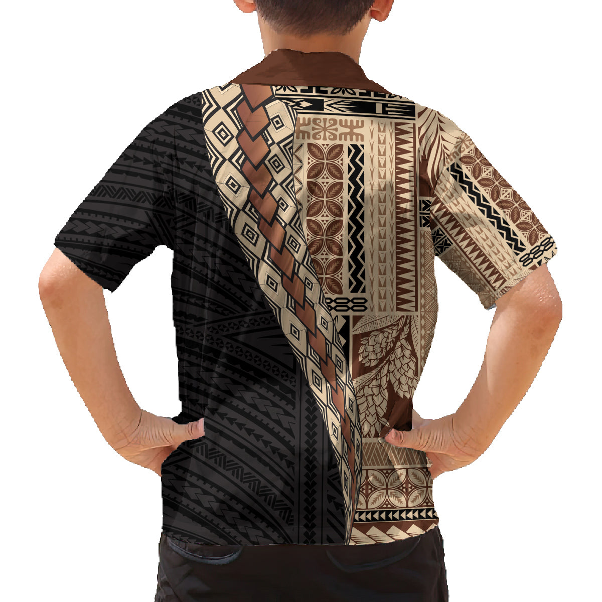 Samoa Siapo Motif Half Style Family Matching Off Shoulder Short Dress and Hawaiian Shirt Brown Version LT03 - Polynesian Pride