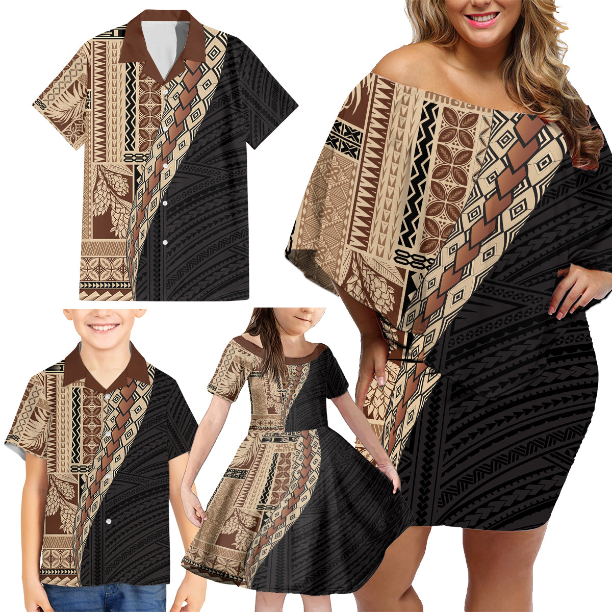 Samoa Siapo Motif Half Style Family Matching Off Shoulder Short Dress and Hawaiian Shirt Brown Version LT03 - Polynesian Pride