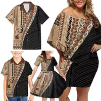 Samoa Siapo Motif Half Style Family Matching Off Shoulder Short Dress and Hawaiian Shirt Brown Version LT03 - Polynesian Pride