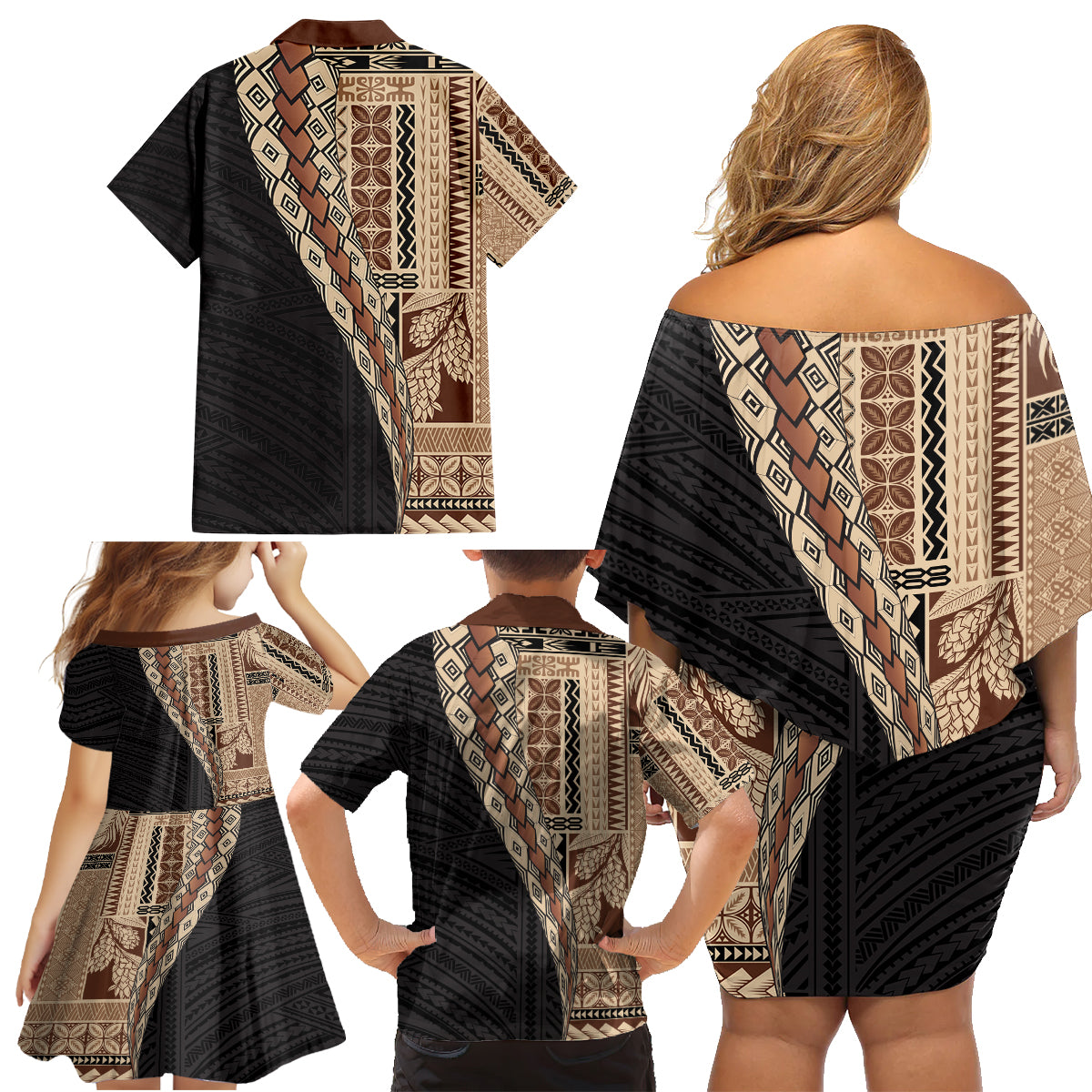 Samoa Siapo Motif Half Style Family Matching Off Shoulder Short Dress and Hawaiian Shirt Brown Version LT03 - Polynesian Pride