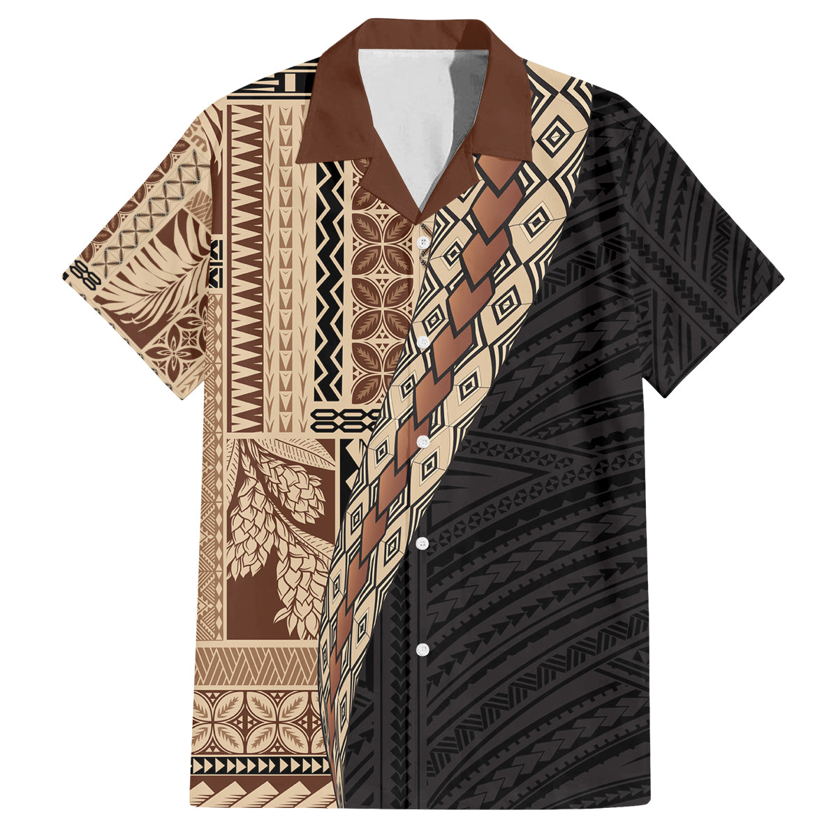 Samoa Siapo Motif Half Style Family Matching Off Shoulder Short Dress and Hawaiian Shirt Brown Version LT03 Dad's Shirt - Short Sleeve Brown - Polynesian Pride