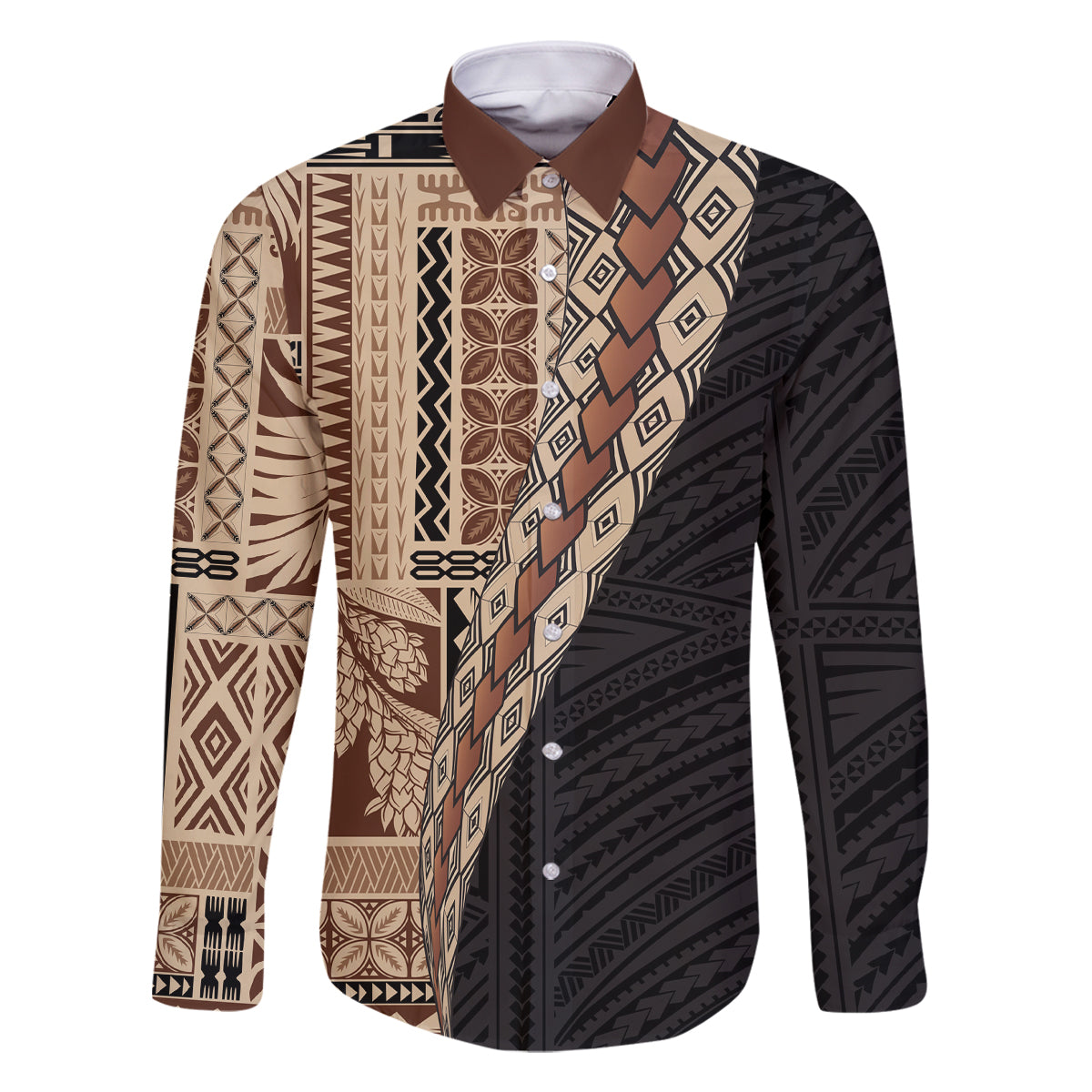 Samoa Siapo Motif Half Style Family Matching Off Shoulder Short Dress and Hawaiian Shirt Brown Version LT03 Dad's Shirt - Long Sleeve Brown - Polynesian Pride