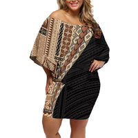 Samoa Siapo Motif Half Style Family Matching Off Shoulder Short Dress and Hawaiian Shirt Brown Version LT03 Mom's Dress Brown - Polynesian Pride