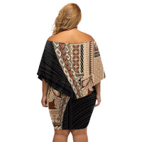 Samoa Siapo Motif Half Style Family Matching Off Shoulder Short Dress and Hawaiian Shirt Brown Version LT03 - Polynesian Pride