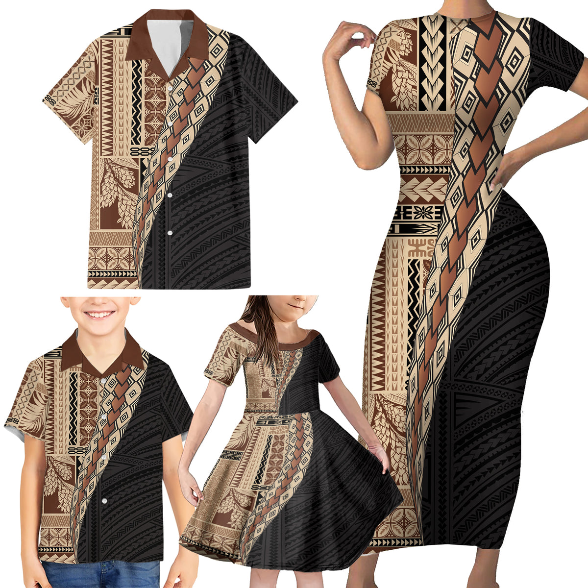 Samoa Siapo Motif Half Style Family Matching Short Sleeve Bodycon Dress and Hawaiian Shirt Brown Version LT03 - Polynesian Pride