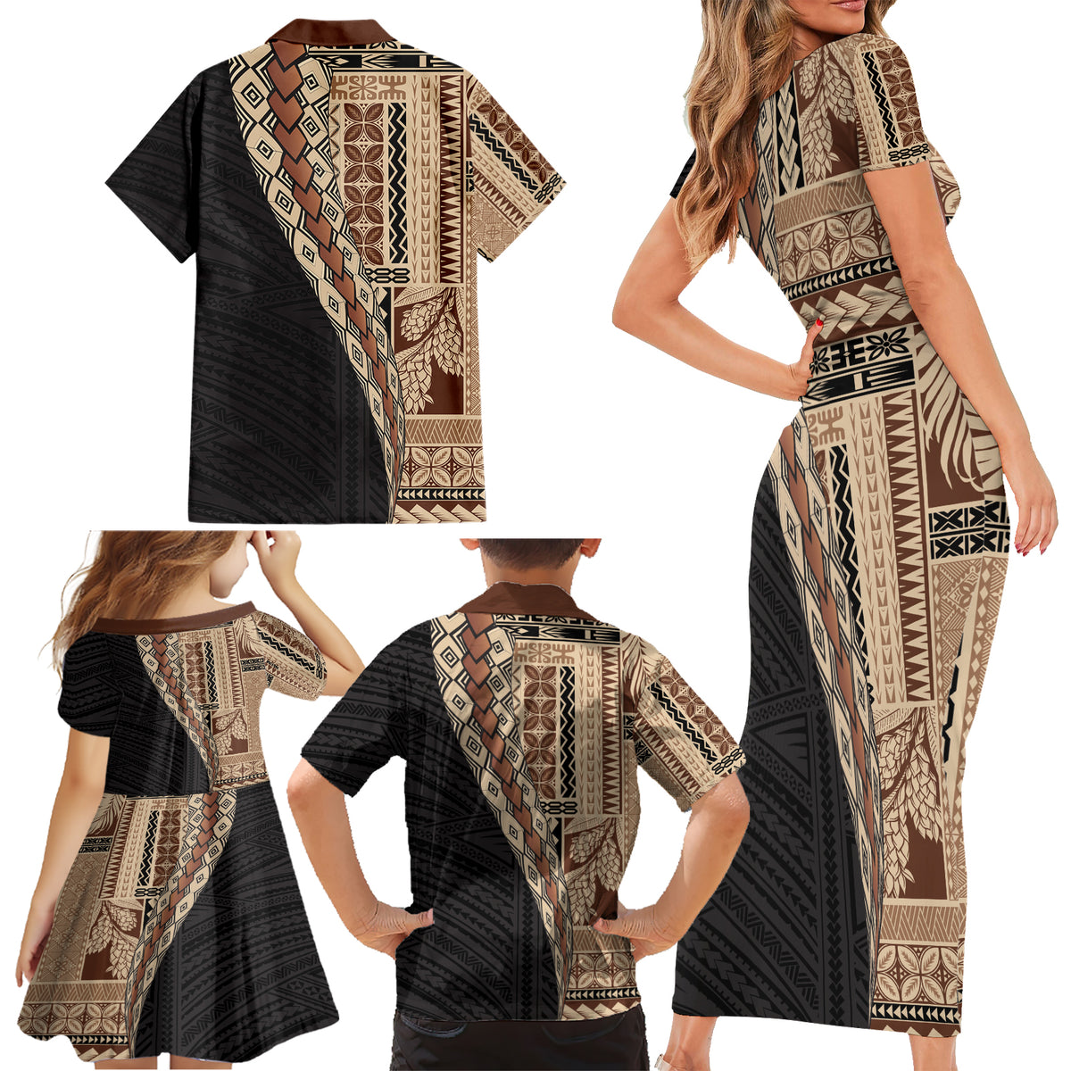 Samoa Siapo Motif Half Style Family Matching Short Sleeve Bodycon Dress and Hawaiian Shirt Brown Version LT03 - Polynesian Pride